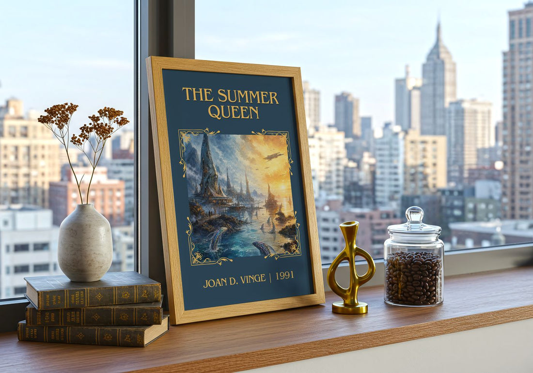 The Summer Queen Classic Book Art Print by Joan D. Vinge – framed print on a city-view windowsill