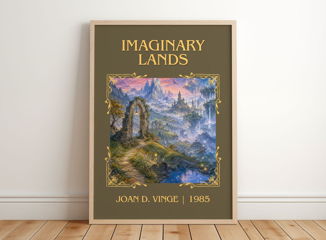 Imaginary Lands Classic Book Art Print by Joan D. Vinge – framed print leaning on a wooden floor