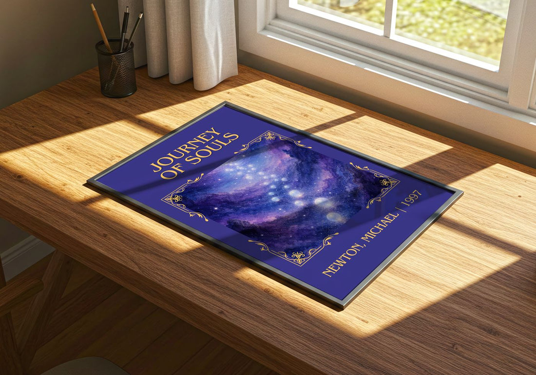 Journey of souls Classic Book Art Print by Newton, Michael – print on a sunlit desk