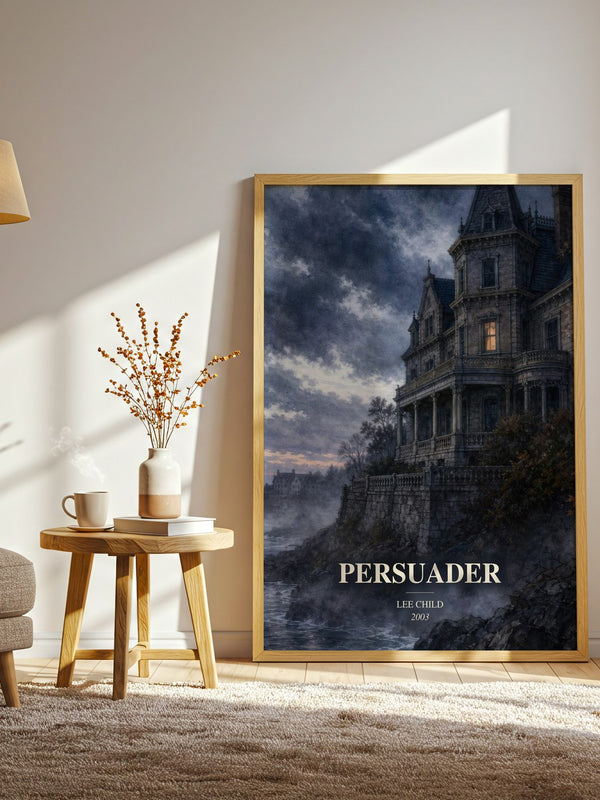 Persuader watercolour print in frame leaning in hallway – thriller wall art