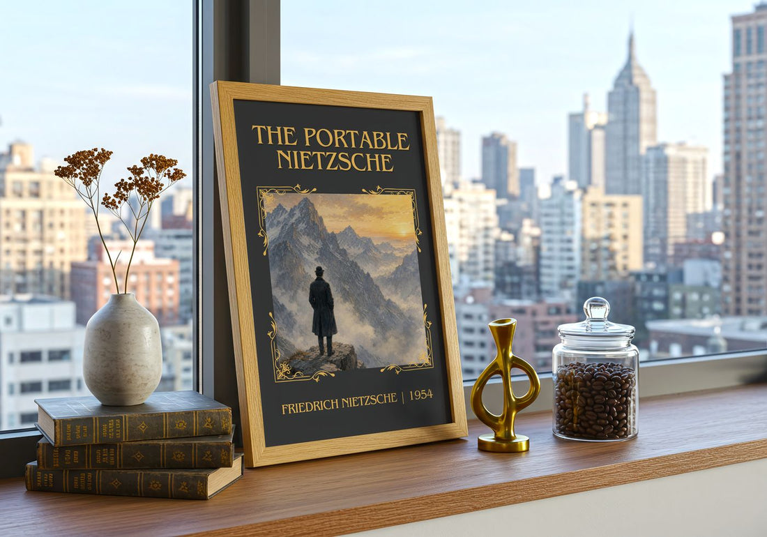 The portable Nietzsche Classic Book Art Print by Friedrich Nietzsche – framed print on a city-view windowsill
