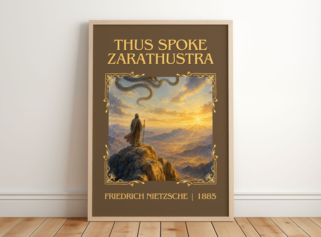 Thus Spoke Zarathustra Classic Book Art Print by Friedrich Nietzsche – framed print leaning on a wooden floor