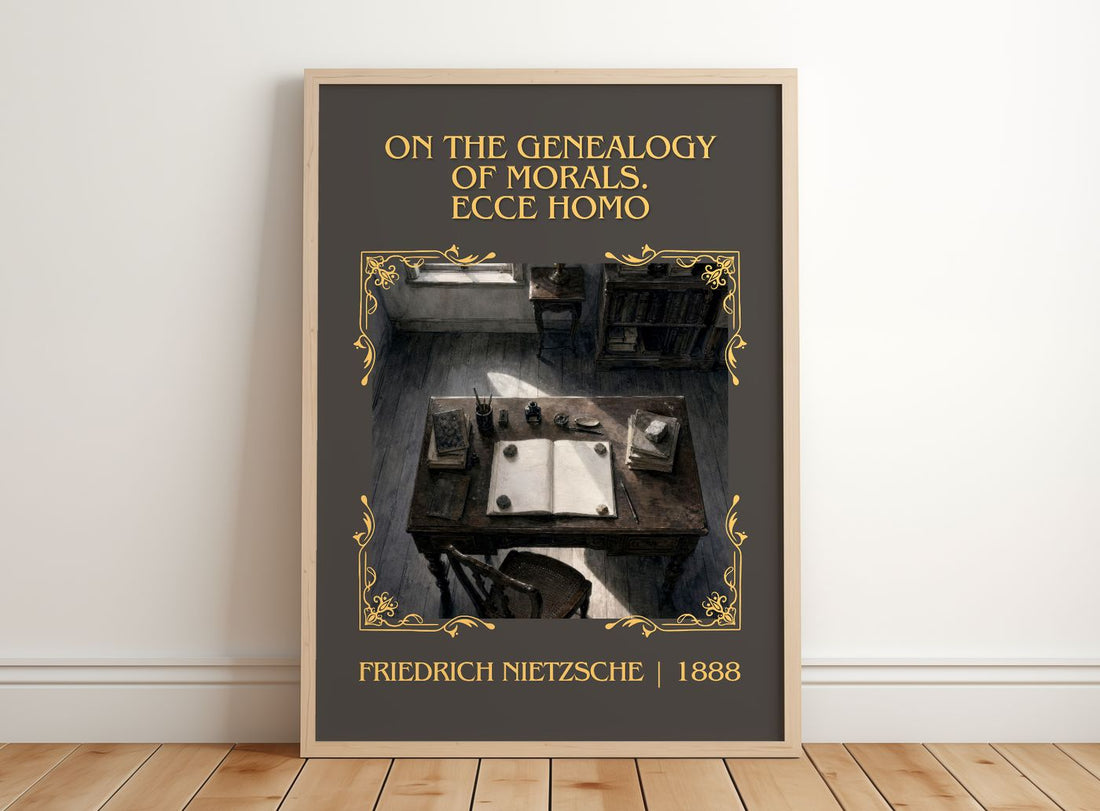 On the genealogy of morals. Ecce Homo Classic Book Art Print by Friedrich Nietzsche – framed print leaning on a wooden floor