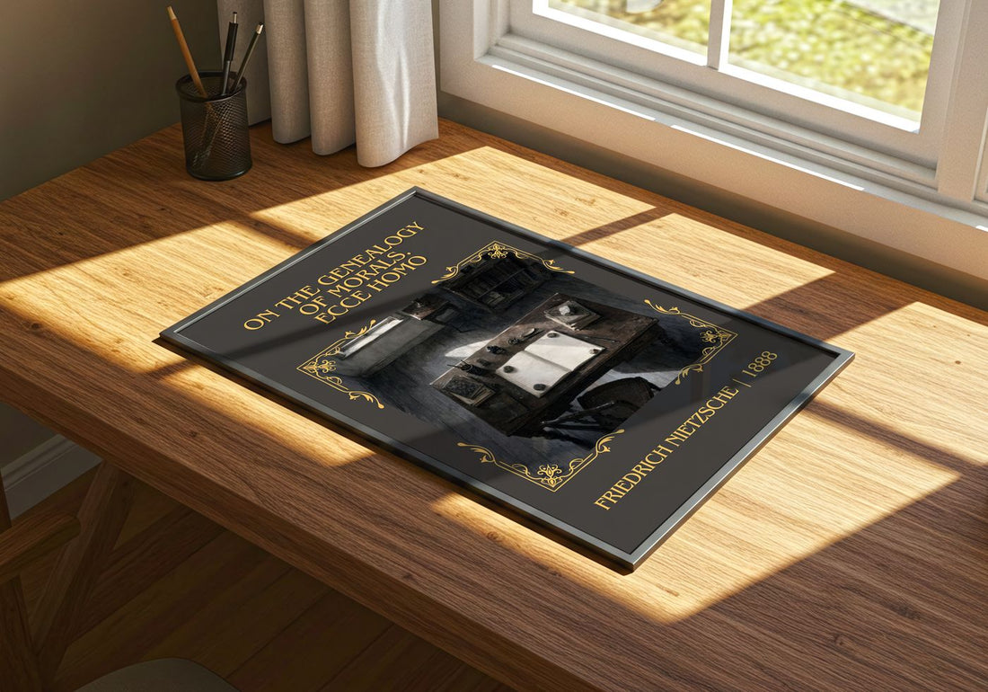 On the genealogy of morals. Ecce Homo Classic Book Art Print by Friedrich Nietzsche – print on a sunlit desk