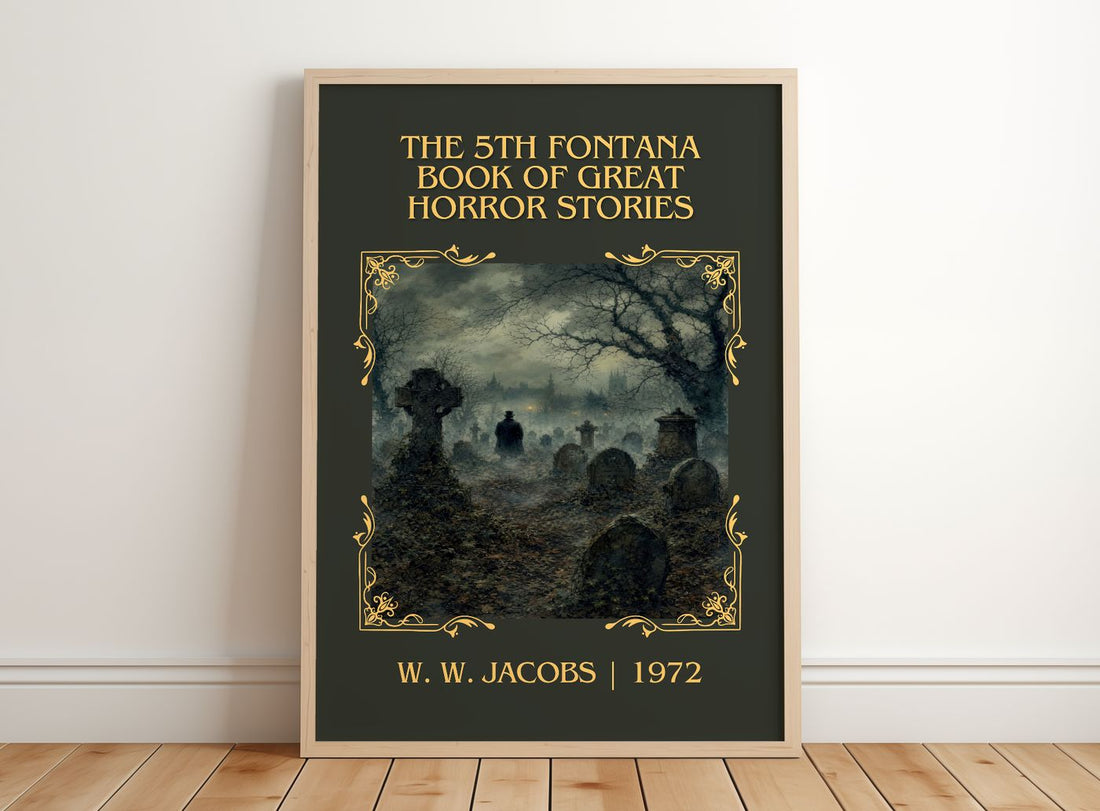 The 5th Fontana Book of Great Horror Stories Classic Book Art Print by W. W. Jacobs – framed print leaning on a wooden floor