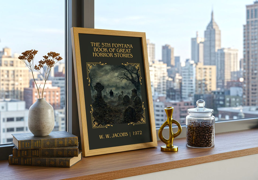 The 5th Fontana Book of Great Horror Stories Classic Book Art Print by W. W. Jacobs – framed print on a city-view windowsill