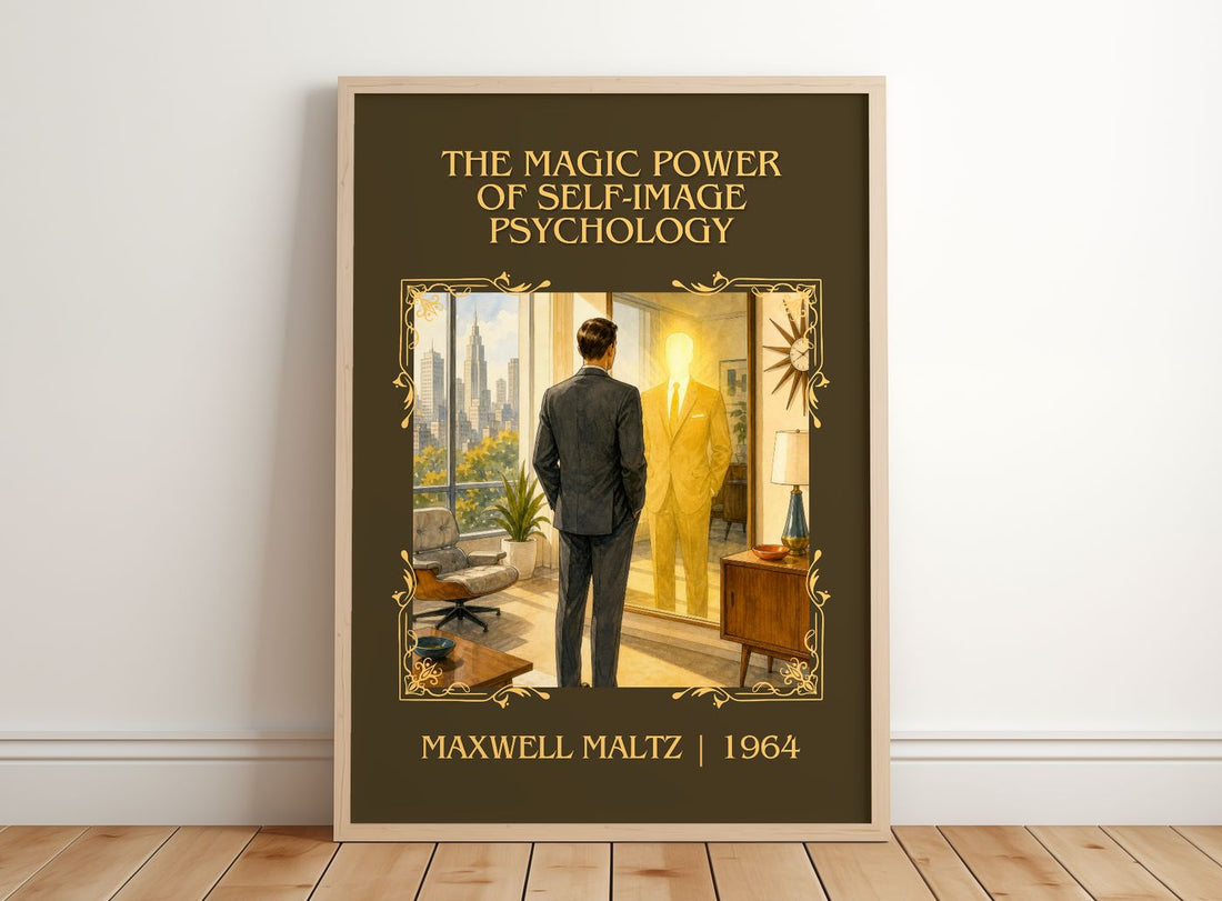 The Magic Power of Self-Image Psychology Classic Book Art Print by Maxwell Maltz – framed print leaning on a wooden floor