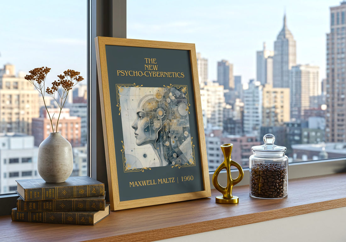 The New Psycho-Cybernetics Classic Book Art Print by Maxwell Maltz – framed print on a city-view windowsill