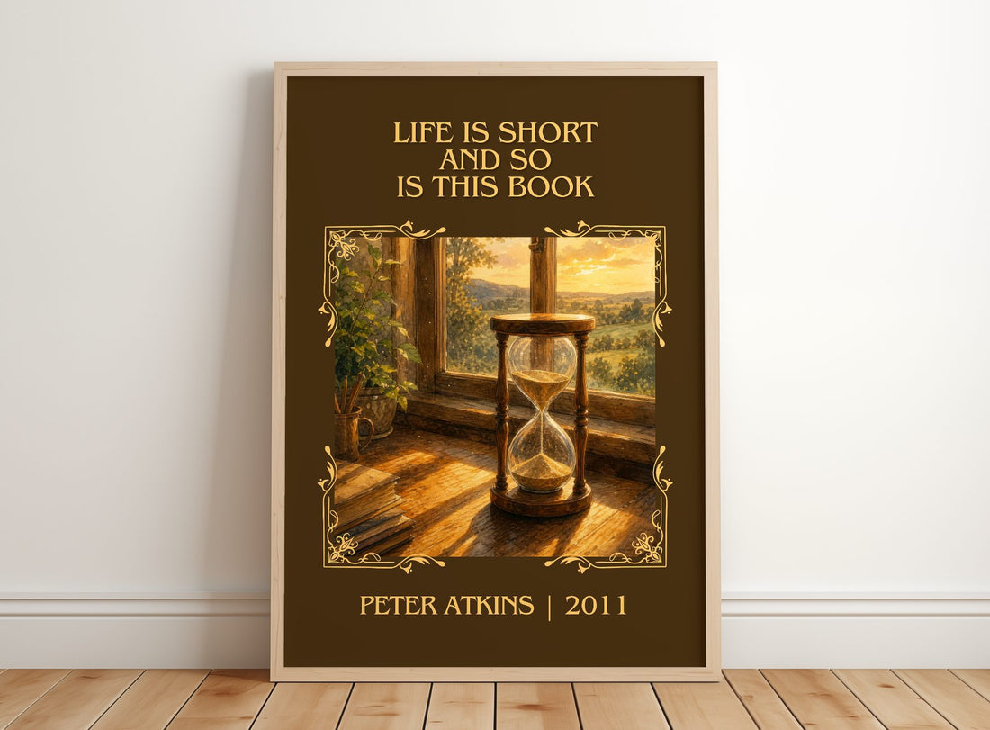 Life Is Short And So Is This Book Classic Book Art Print by P. Atkins – framed print leaning on a wooden floor