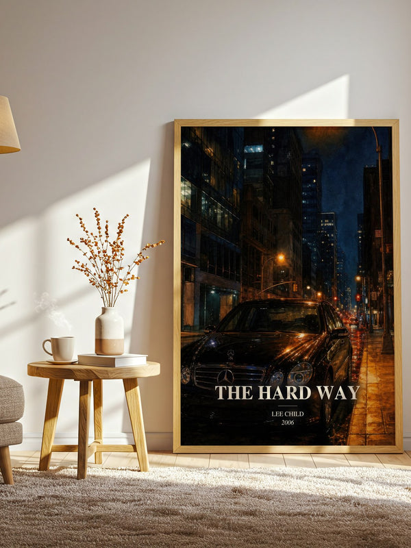 The Hard Way watercolour print in frame leaning in hallway – thriller wall art