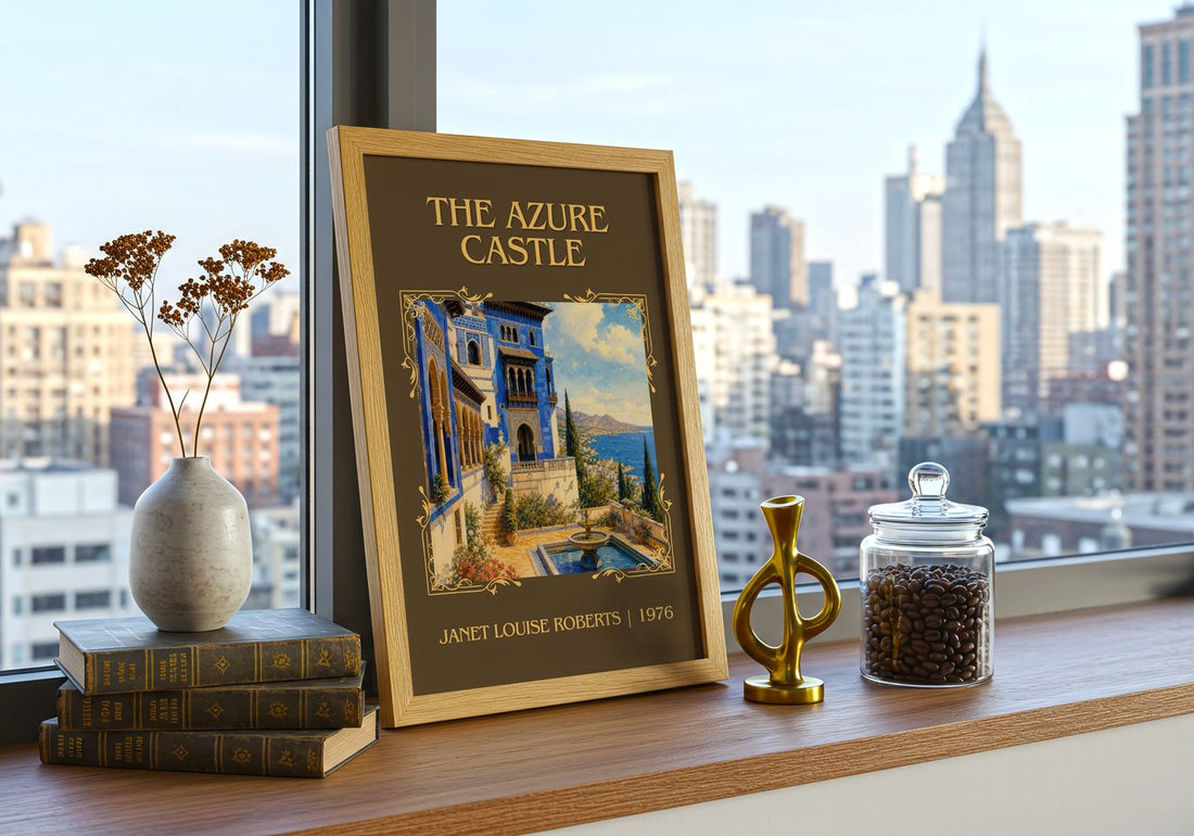The Azure Castle Classic Book Art Print by Janet Louise Roberts – framed print on a city-view windowsill