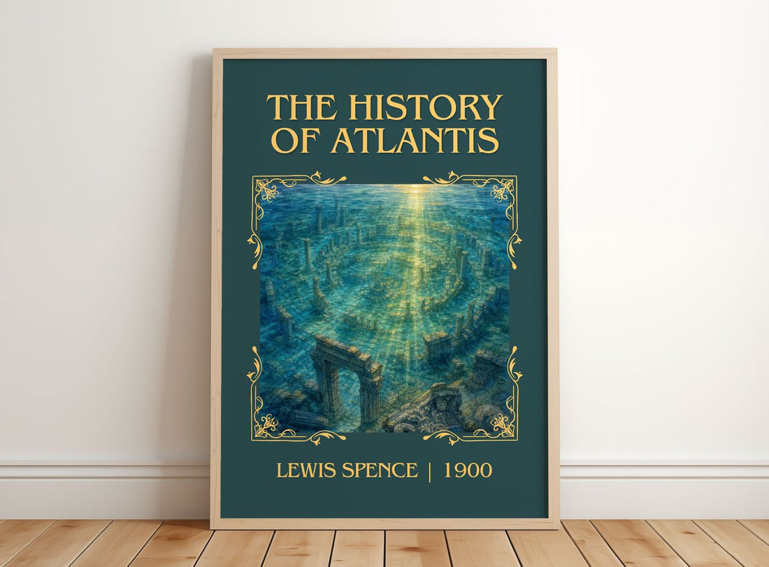 The history of Atlantis Classic Book Art Print by Lewis Spence – framed print leaning on a wooden floor
