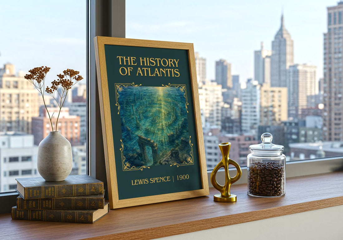 The history of Atlantis Classic Book Art Print by Lewis Spence – framed print on a city-view windowsill
