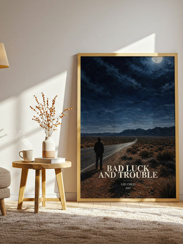 Bad Luck And Trouble watercolour print in frame leaning in hallway – thriller wall art