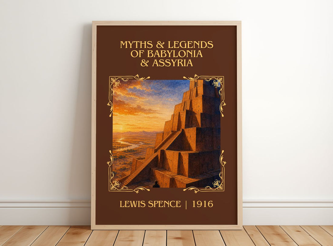 Myths & legends of Babylonia & Assyria Classic Book Art Print by Lewis Spence – framed print leaning on a wooden floor