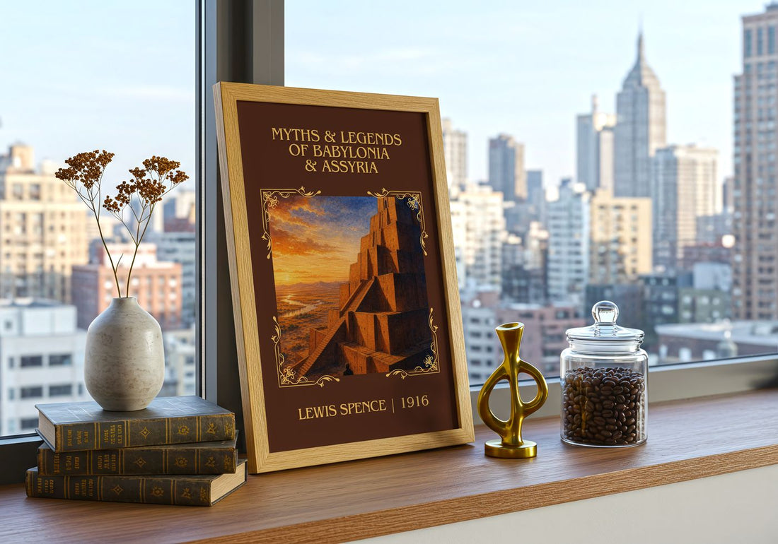 Myths & legends of Babylonia & Assyria Classic Book Art Print by Lewis Spence – framed print on a city-view windowsill