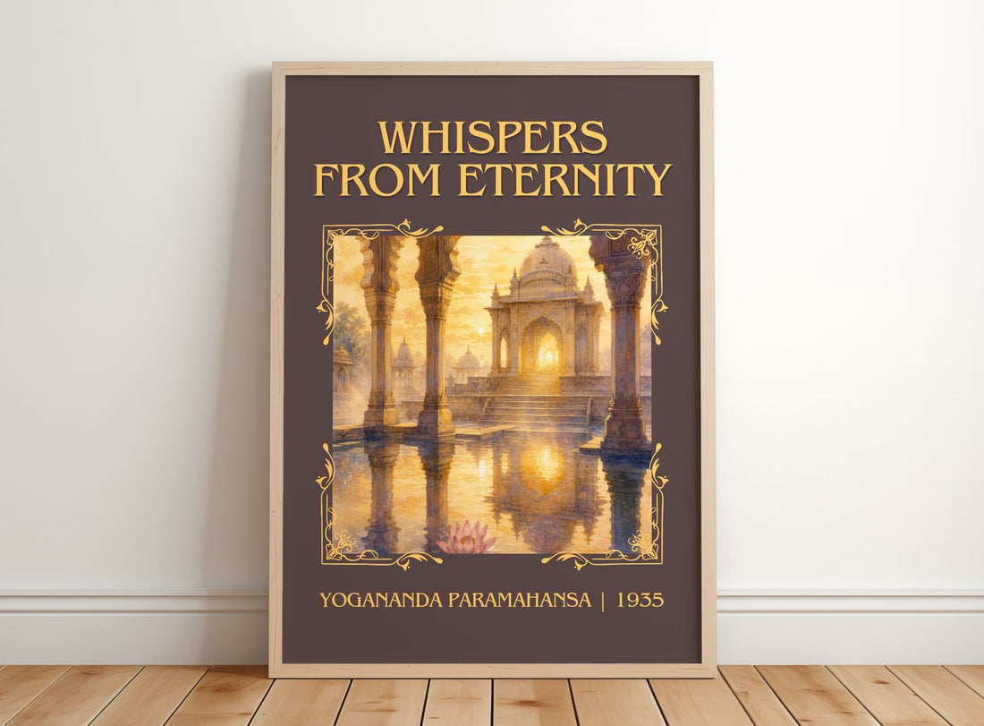Whispers from Eternity Classic Book Art Print by Yogananda Paramahansa – framed print leaning on a wooden floor