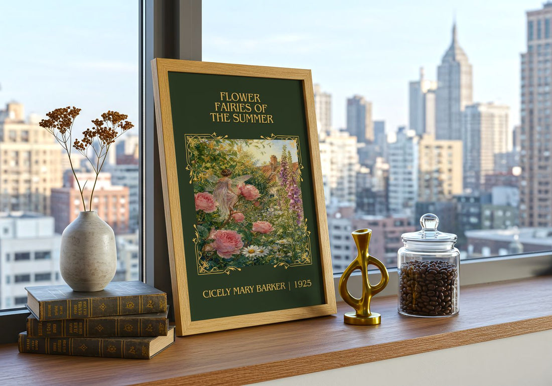 Flower Fairies of the Summer Classic Book Art Print by C. Barker – framed print on a city-view windowsill