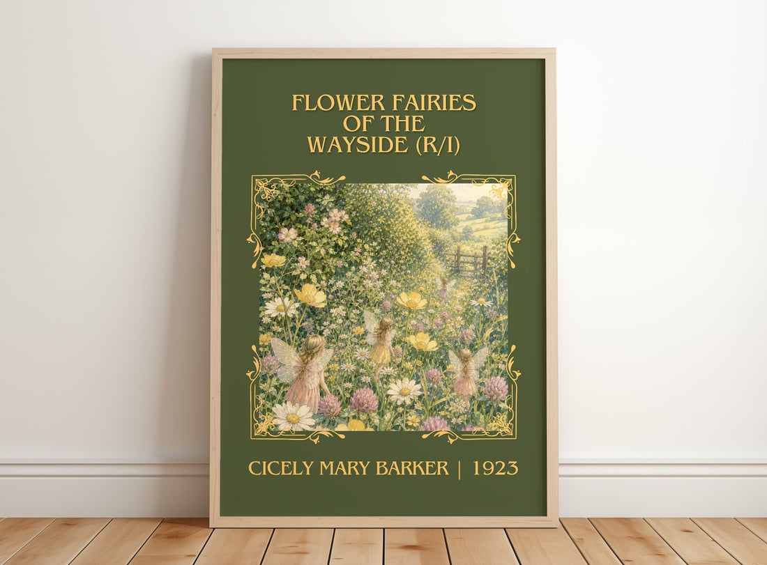 Flower Fairies of the Wayside (R/I) Classic Book Art Print by Cicely Mary Barker – framed print leaning on a wooden floor