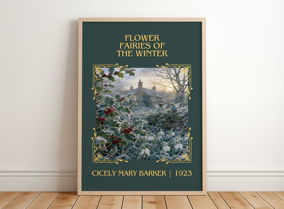 Flower Fairies of the Winter Classic Book Art Print by C. Barker – framed print leaning on a wooden floor