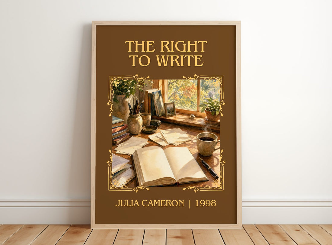 The Right to Write Classic Book Art Print by Julia Cameron – framed print leaning on a wooden floor
