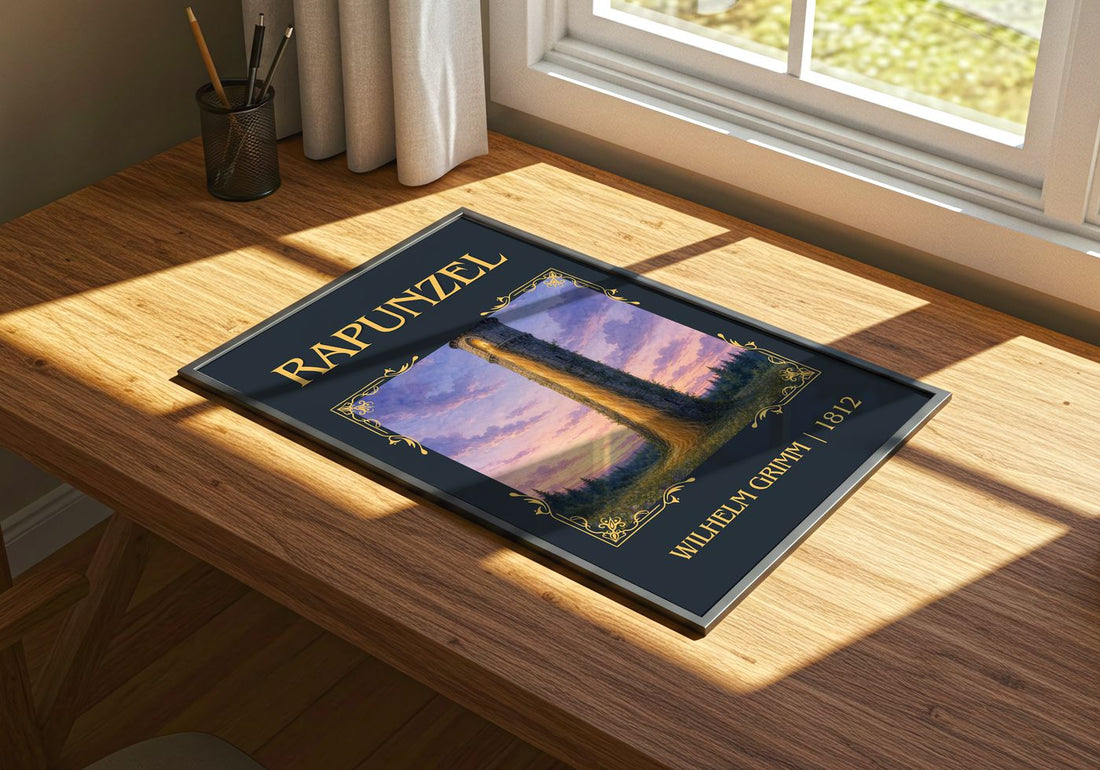 Rapunzel Classic Book Art Print by Wilhelm Grimm – print on a sunlit desk