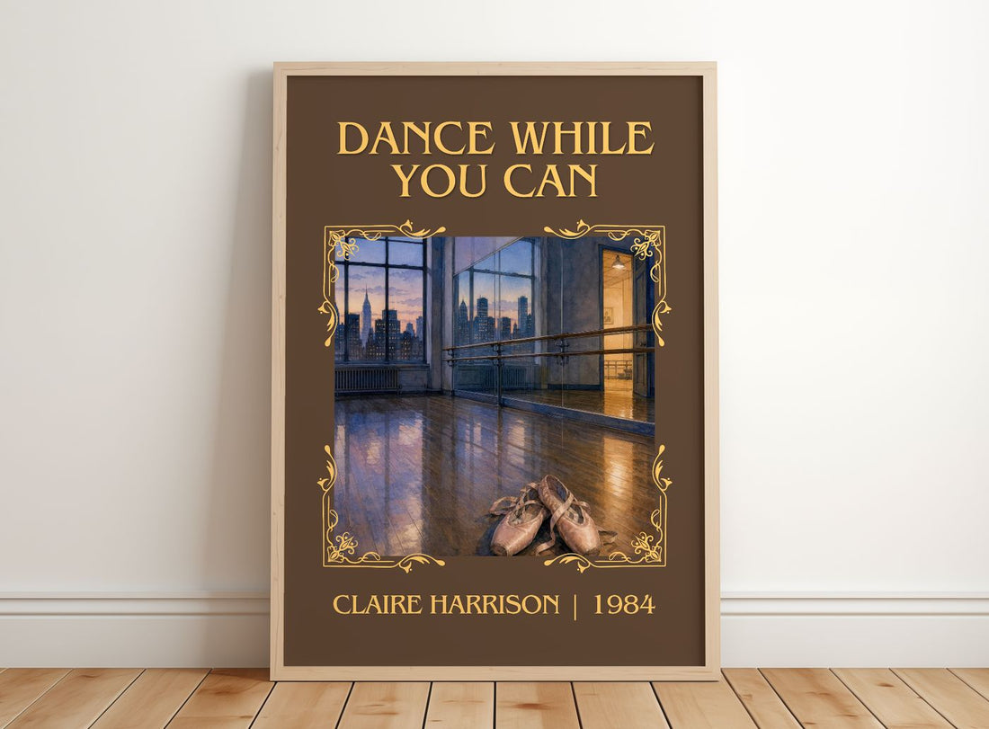 Dance While You Can Classic Book Art Print by Claire Harrison – framed print leaning on a wooden floor