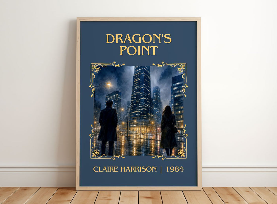 Dragon's Point Classic Book Art Print by Claire Harrison – framed print leaning on a wooden floor