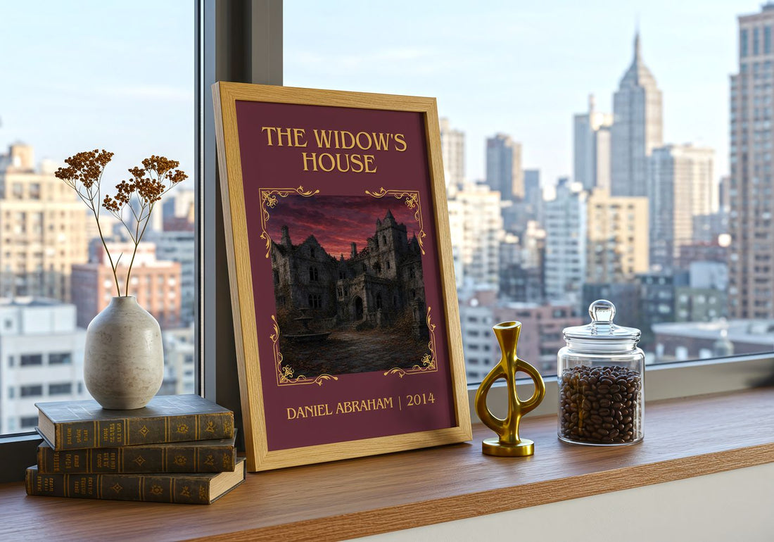 The widow's house Classic Book Art Print by Daniel Abraham – framed print on a city-view windowsill