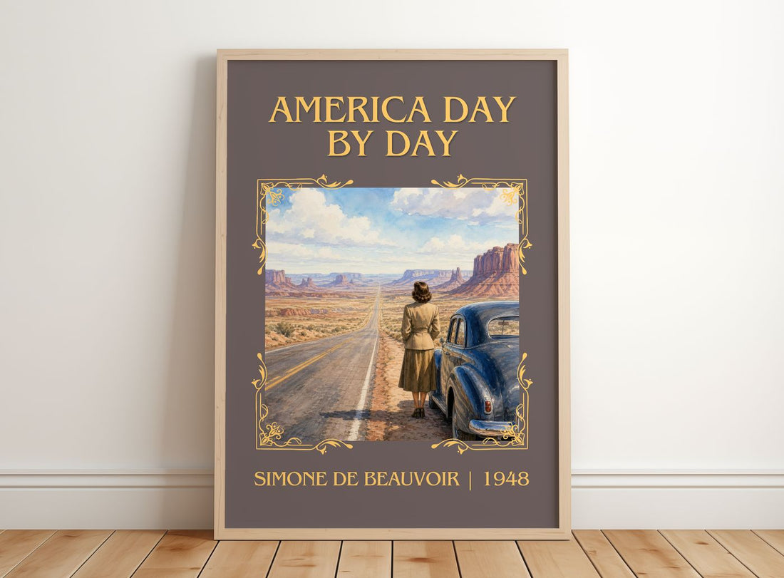 America Day by Day Classic Book Art Print by Simone de Beauvoir – framed print leaning on a wooden floor