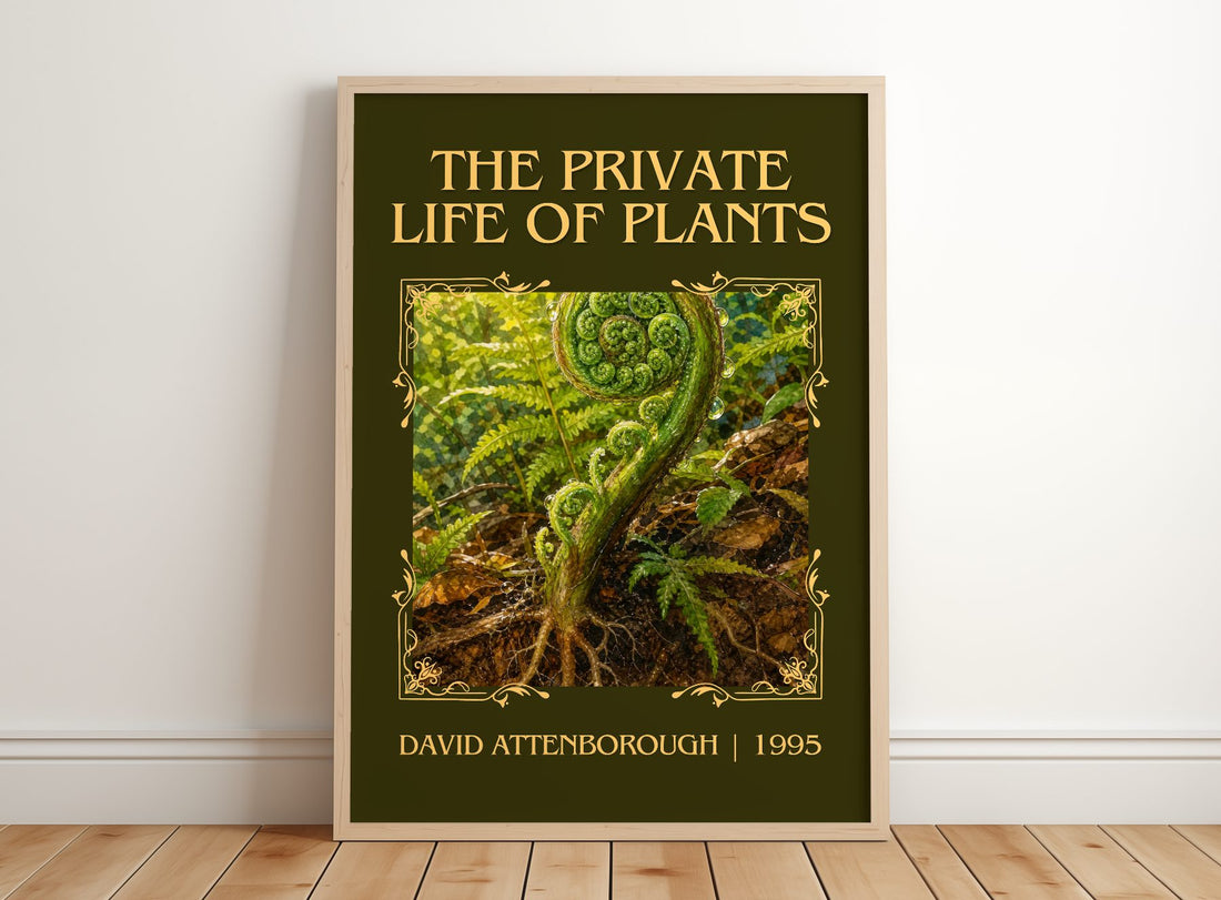 private life of plants Classic Book Art Print by David Attenborough – framed print leaning on a wooden floor