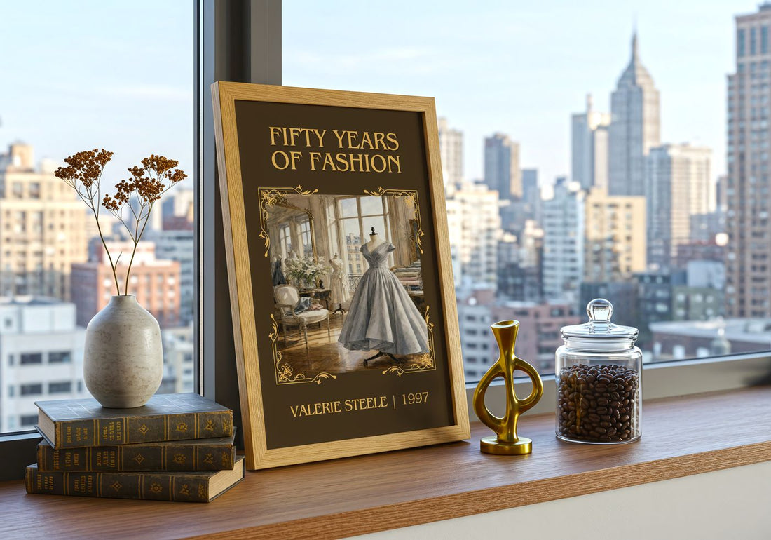 Fifty years of fashion Classic Book Art Print by Valerie Steele – framed print on a city-view windowsill