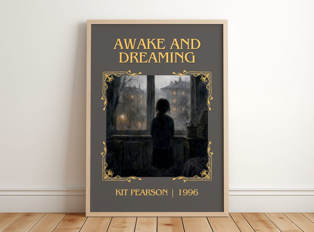 Awake and Dreaming Classic Book Art Print by Kit Pearson – framed print leaning on a wooden floor