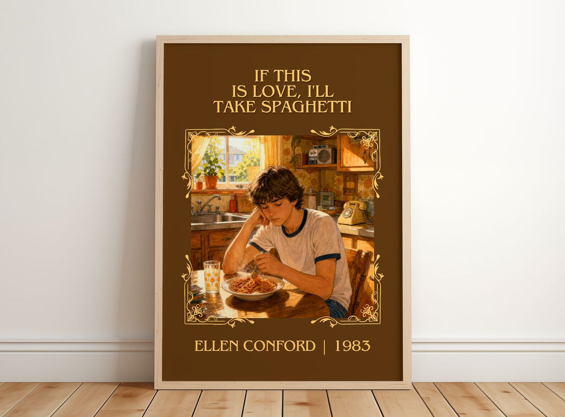 If this is love, I'll take spaghetti Classic Book Art Print by Ellen Conford – framed print leaning on a wooden floor