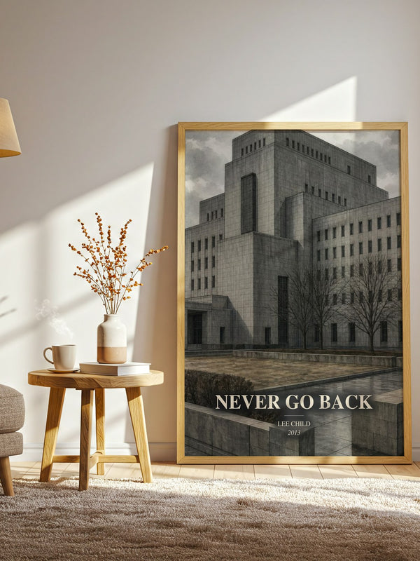 Never Go Back watercolour print in frame leaning in hallway – thriller wall art