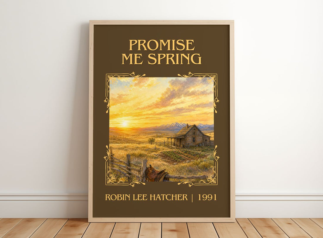 Promise Me Spring Classic Book Art Print by Robin Lee Hatcher – framed print leaning on a wooden floor