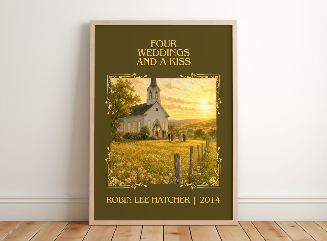 Four weddings and a kiss Classic Book Art Print by Robin Lee Hatcher – framed print leaning on a wooden floor