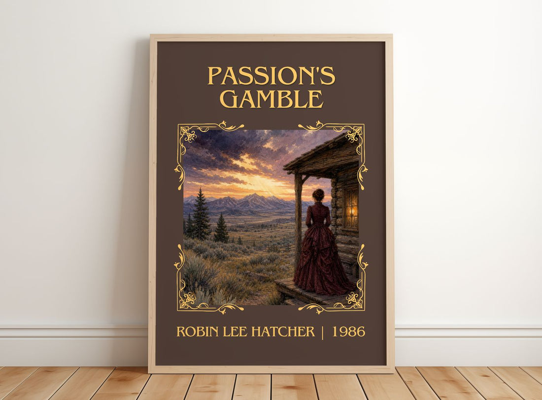 Passion's gamble Classic Book Art Print by Robin Lee Hatcher – framed print leaning on a wooden floor