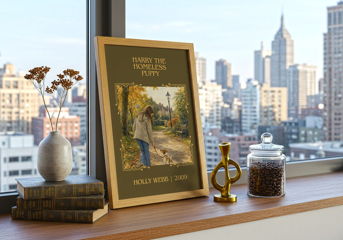 Harry the Homeless Puppy Classic Book Art Print by Holly Webb – framed print on a city-view windowsill