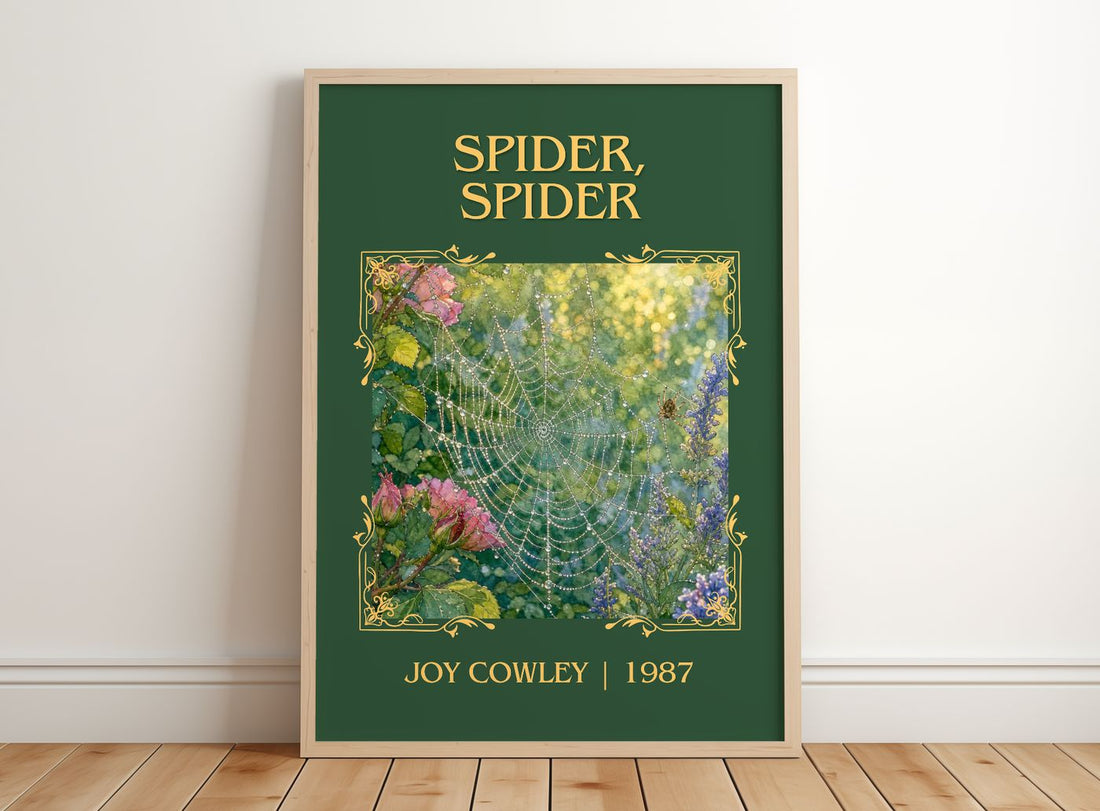 Spider, Spider Classic Book Art Print by Joy Cowley – framed print leaning on a wooden floor