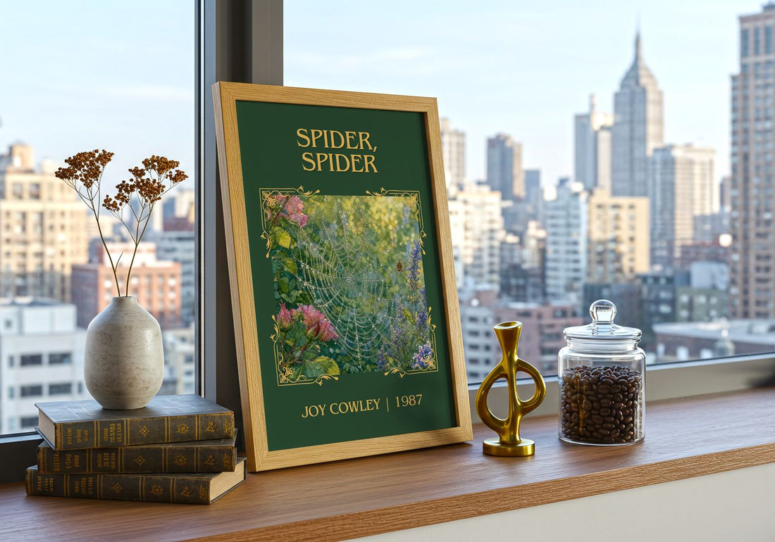 Spider, Spider Classic Book Art Print by Joy Cowley – framed print on a city-view windowsill