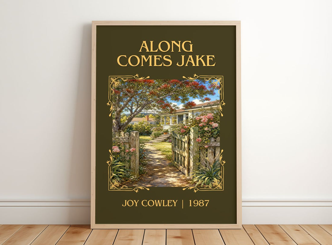 Along comes Jake Classic Book Art Print by Joy Cowley – framed print leaning on a wooden floor