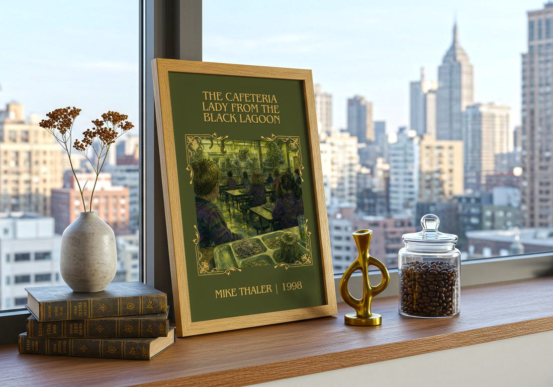The cafeteria lady from the black lagoon Classic Book Art Print by Mike Thaler – framed print on a city-view windowsill