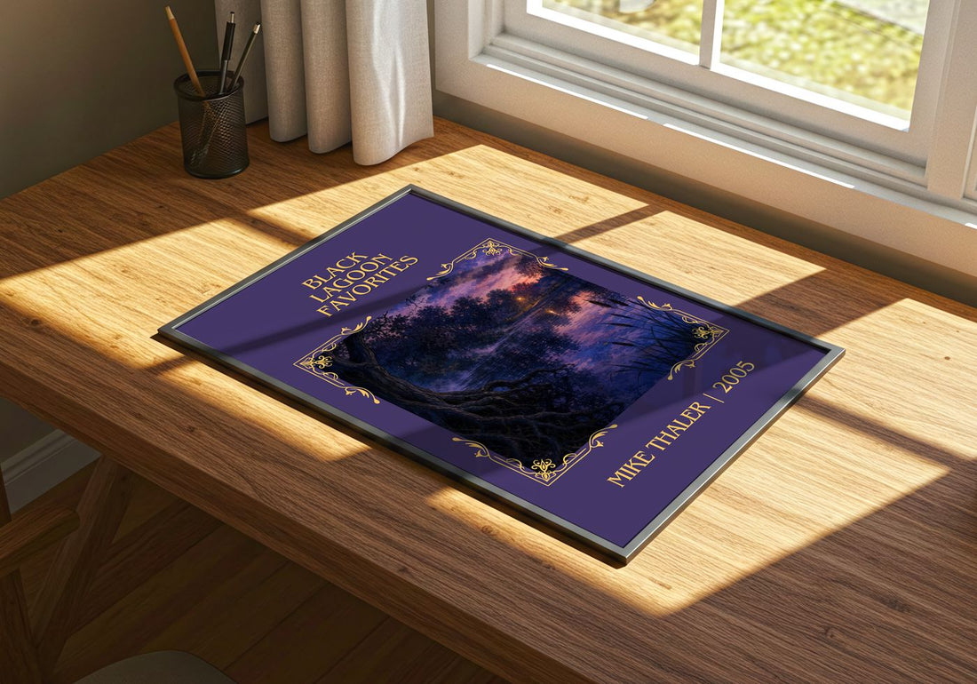 Black Lagoon favorites Classic Book Art Print by Mike Thaler – print on a sunlit desk