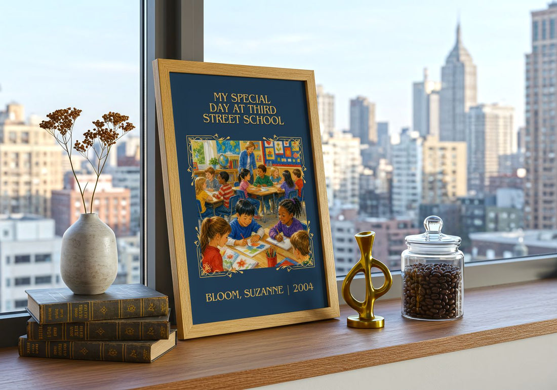My Special Day at Third Street School Classic Book Art Print by Bloom, Suzanne – framed print on a city-view windowsill