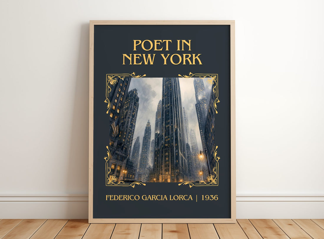 Poet in New York Classic Book Art Print by Federico García Lorca – framed print leaning on a wooden floor