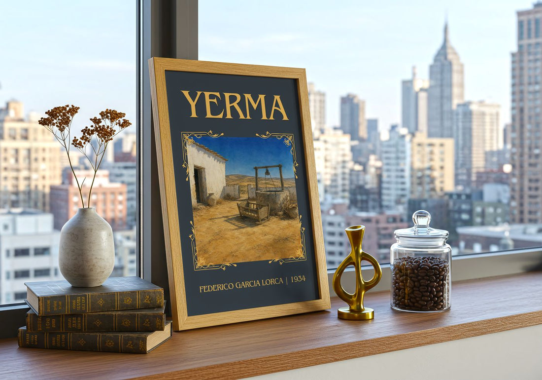 Yerma Classic Book Art Print by Federico García Lorca – framed print on a city-view windowsill