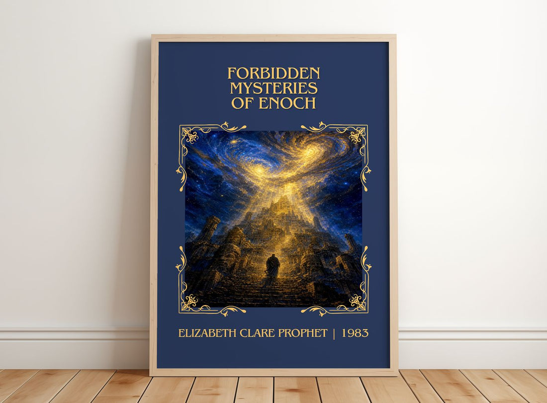 Forbidden mysteries of Enoch Classic Book Art Print by E. Prophet – framed print leaning on a wooden floor