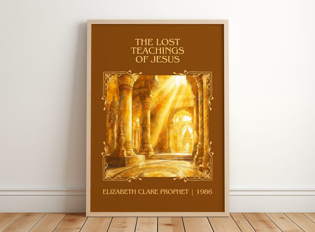 lost teachings of Jesus Classic Book Art Print by E. Prophet – framed print leaning on a wooden floor