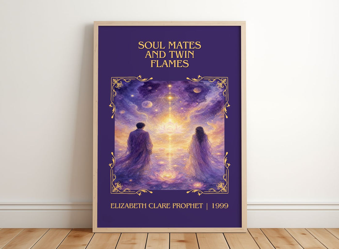 Soul Mates and Twin Flames Classic Book Art Print by E. Prophet – framed print leaning on a wooden floor